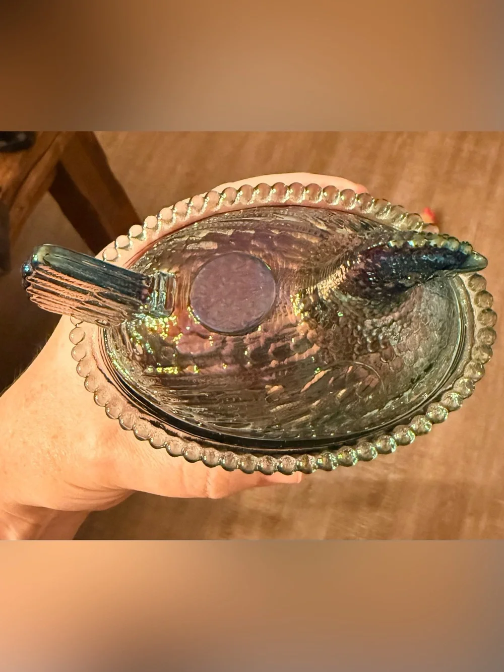 Iridescent Green Glass Hen on Nest Trinket Dish